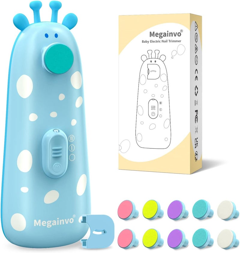 Megainvo Baby Nail Trimmer Electric Baby Nail File Safe Baby Nail Clippers with Light 10 Grinding Heads Queit Baby Nail Polish Grooming Kit for Newborn Infant Toddler Toes Fingernails Care - Blue - Image 1